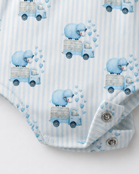Baby wearing Anaario Blue Sheep Dungaree blue stripes with sheep-on-truck prints romper, newborn to 24 months
