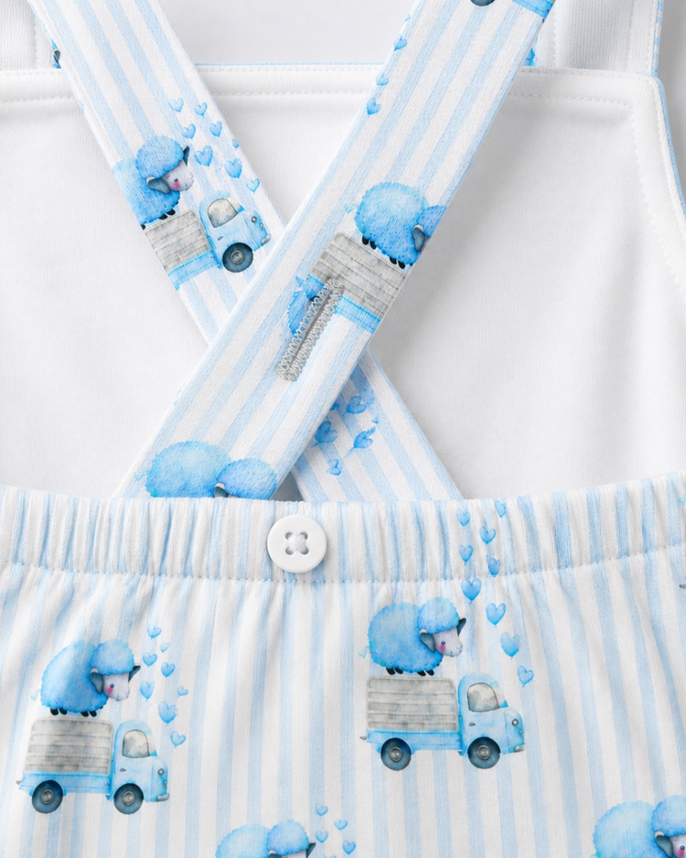 Baby wearing Anaario Blue Sheep Dungaree blue stripes with sheep-on-truck prints romper, newborn to 24 months