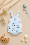 Baby wearing Anaario Blue Sheep Dungaree blue stripes with sheep-on-truck prints romper, newborn to 24 months