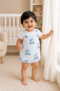 Baby wearing Anaario Blue Sheep Dungaree blue stripes with sheep-on-truck prints romper, newborn to 24 months