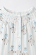 Baby wearing Anaario Blue Sheep Smocked pale blue stripes with sheep prints co-ord set, newborn to 24 months
