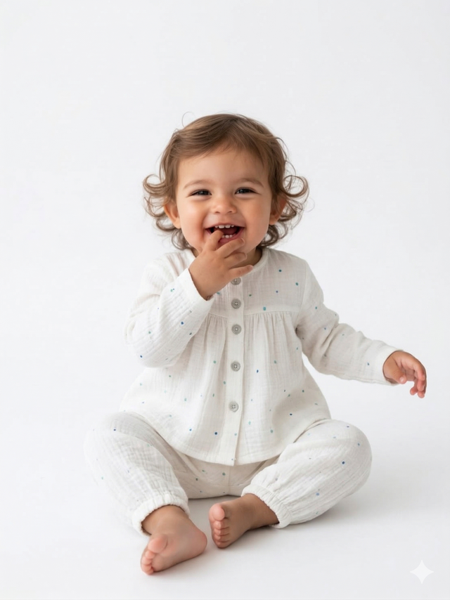 Baby wearing Anaario Blue Specks organic mulmul cotton Blossom Breeze set, newborn to 24 months