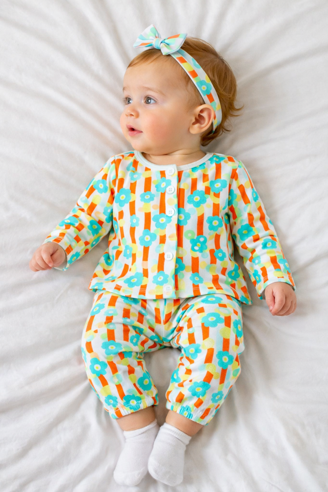 Baby wearing Anaario Blue and Tangerine Florals organic mulmul cotton Sakura set, newborn to 24 months