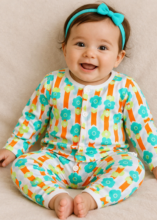 Baby wearing Anaario Blue and Tangerine Florals organic mulmul cotton Sakura set, newborn to 24 months