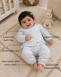 Baby wearing Anaario Bluebell Daisy organic mulmul cotton Blossom Breeze set, newborn to 24 months