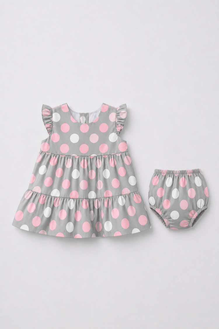 Baby wearing Anaario Blush Dot Tiered grey with pink and white polka dots tiered dress set, newborn to 24 months