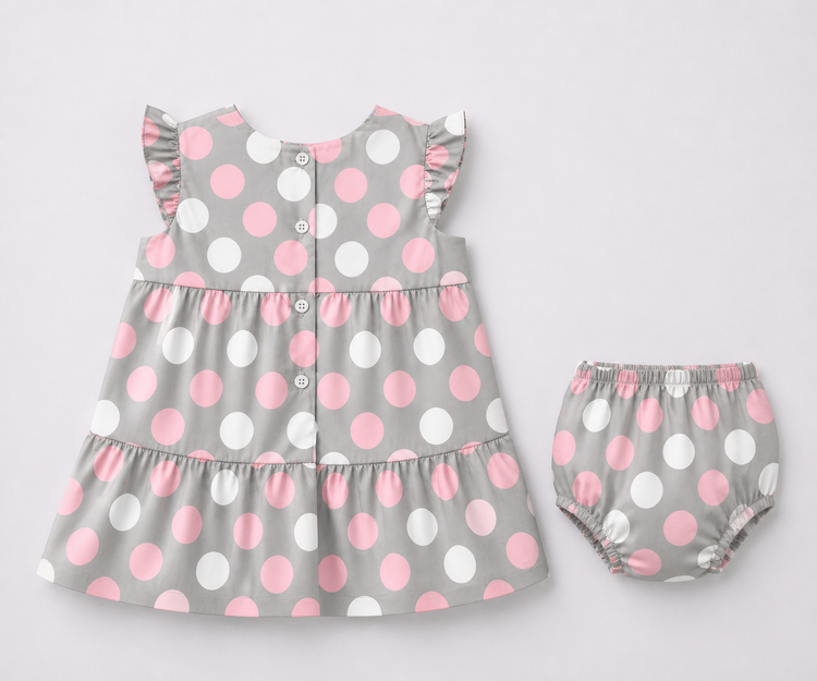 Baby wearing Anaario Blush Dot Tiered grey with pink and white polka dots tiered dress set, newborn to 24 months