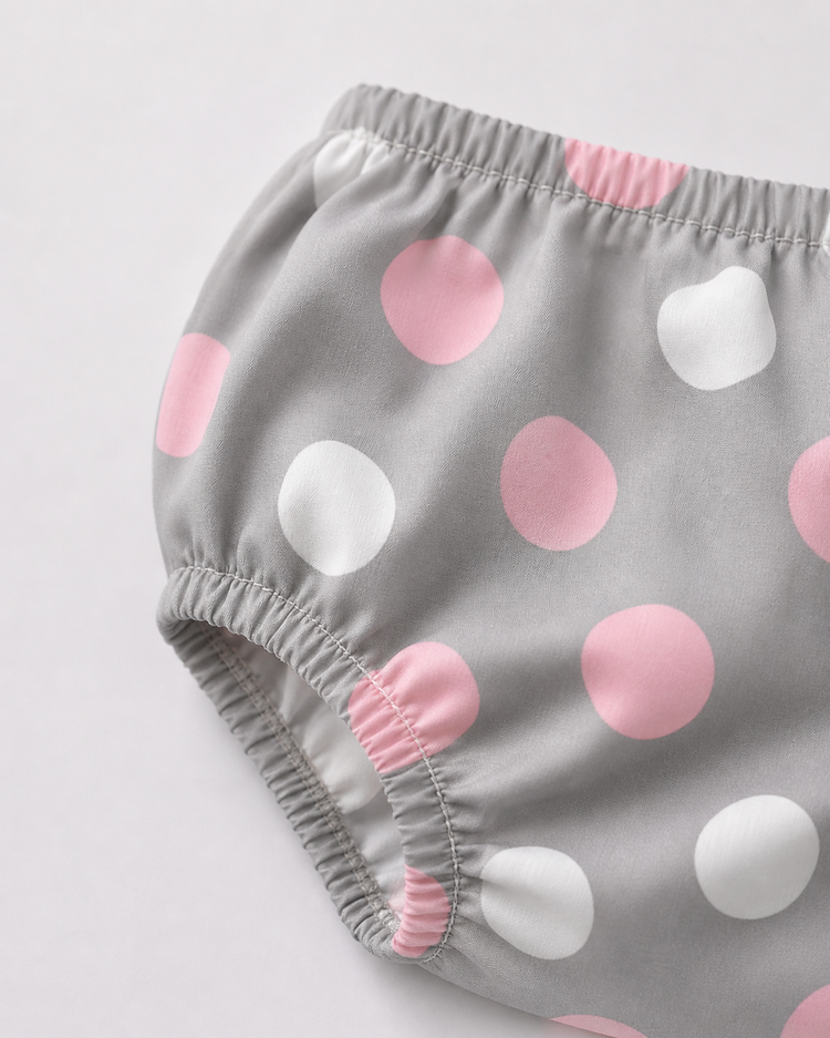 Baby wearing Anaario Blush Dot Tiered grey with pink and white polka dots tiered dress set, newborn to 24 months