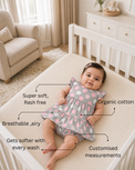 Baby wearing Anaario Blush Dot Tiered grey with pink and white polka dots tiered dress set, newborn to 24 months