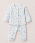 Baby wearing Anaario Butter Blue Garden organic mulmul cotton Blossom Breeze set, newborn to 24 months