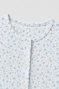 Baby wearing Anaario Butter Blue Garden organic mulmul cotton Blossom Breeze set, newborn to 24 months