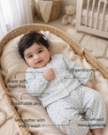 Baby wearing Anaario Butter Blue Garden organic mulmul cotton Blossom Breeze set, newborn to 24 months