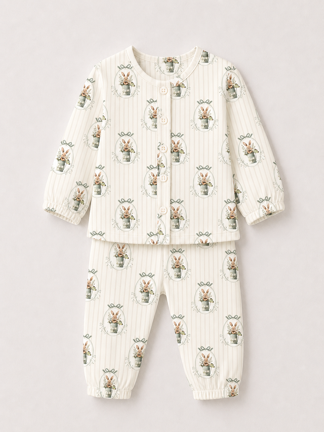 Baby wearing Anaario Classic Bunnies organic mulmul cotton set, newborn to 24 months