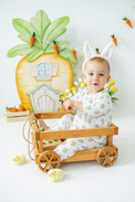 Baby wearing Anaario Classic Bunnies organic mulmul cotton set, newborn to 24 months