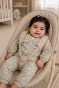 Baby wearing Anaario Cottage Bloom organic mulmul cotton Blossom Breeze set, newborn to 24 months