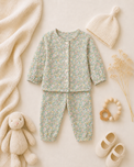 Baby wearing Anaario Cottage Bloom organic mulmul cotton Blossom Breeze set, newborn to 24 months