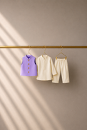 Baby wearing Anaario Cream Palm-Motif Baby Kurta Set, cream kurta with lavender palm-tree embroidered jacket, newborn to 24 months