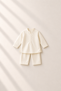 Baby wearing Anaario Cream Palm-Motif Baby Kurta Set, cream kurta with lavender palm-tree embroidered jacket, newborn to 24 months
