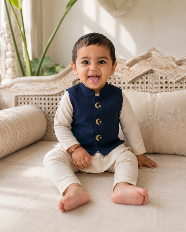 Baby wearing Anaario Cream Moon-Star Motif Jacket Kurta Set, cream kurta with navy moon-and-star embroidered jacket, newborn to 24 months