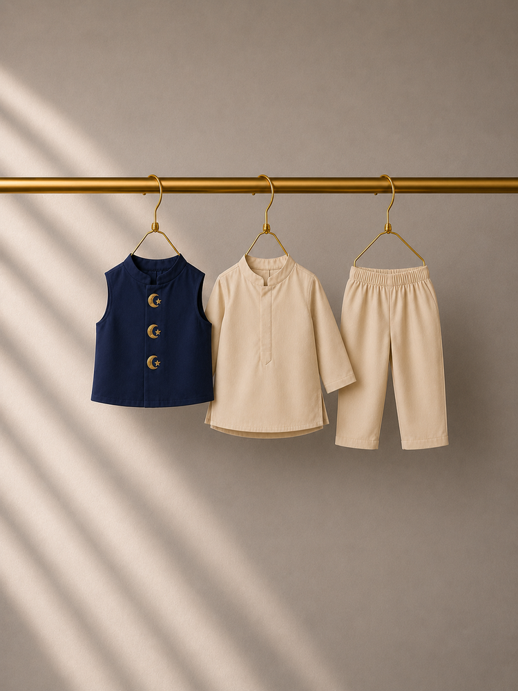 Baby wearing Anaario Cream Moon-Star Motif Jacket Kurta Set, cream kurta with navy moon-and-star embroidered jacket, newborn to 24 months