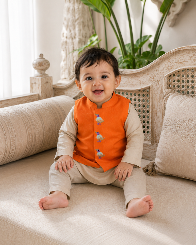Baby wearing Anaario Cream Bird Motif Jacket Kurta Set, cream kurta with orange bird-embroidered jacket, newborn to 24 months