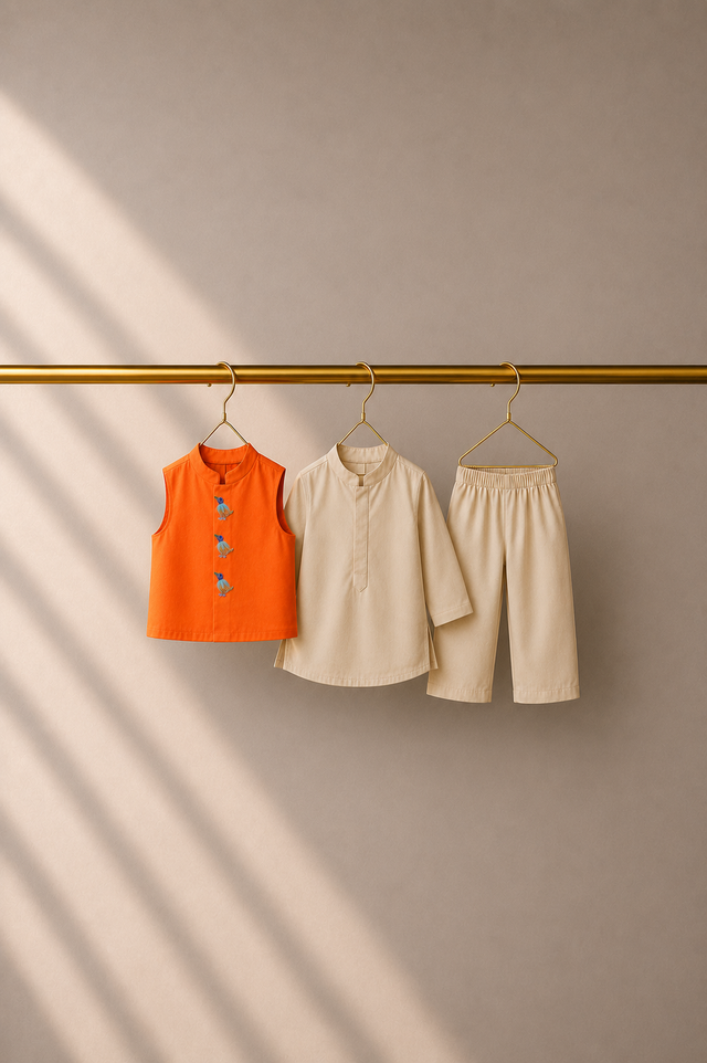 Baby wearing Anaario Cream Bird Motif Jacket Kurta Set, cream kurta with orange bird-embroidered jacket, newborn to 24 months