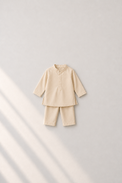 Baby wearing Anaario Cream Bird Motif Jacket Kurta Set, cream kurta with orange bird-embroidered jacket, newborn to 24 months