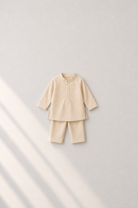 Baby wearing Anaario Cream Bird Motif Jacket Kurta Set, cream kurta with orange bird-embroidered jacket, newborn to 24 months