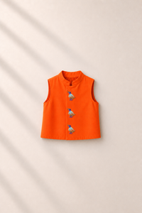 Baby wearing Anaario Cream Bird Motif Jacket Kurta Set, cream kurta with orange bird-embroidered jacket, newborn to 24 months