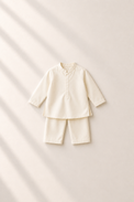 Baby wearing Anaario Cream Flamingo Motif Jacket Kurta Set, cream kurta with pink flamingo-embroidered jacket, newborn to 24 months