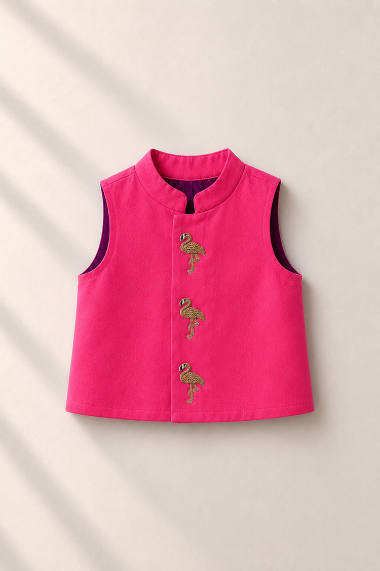 Baby wearing Anaario cream and pink flamingo jacket kurta set