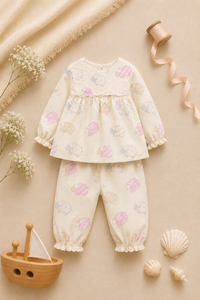 Baby wearing Anaario Cream Sheep Peplum cream with pastel sheep prints co-ord set, newborn to 24 months