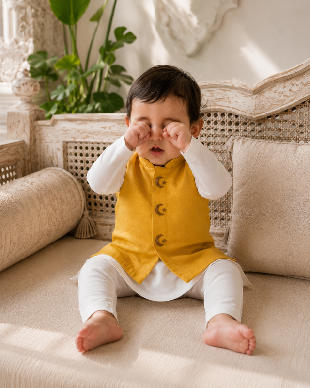 Baby wearing Anaario Cream Moon-Star Motif Jacket Kurta Set, cream kurta and pants with yellow sleeveless jacket, newborn to 24 months