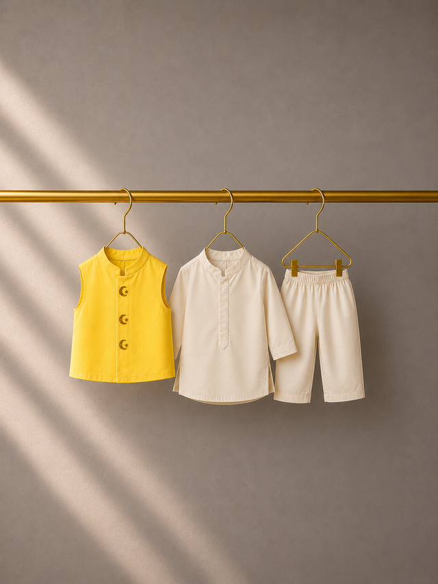 Anaario Cream Moon-Star Motif Jacket Kurta Set, yellow jacket with cream kurta and pants on hangers