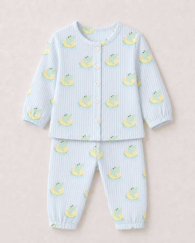 Baby wearing Anaario Crocodile organic mulmul cotton babywear set, newborn to 24 months