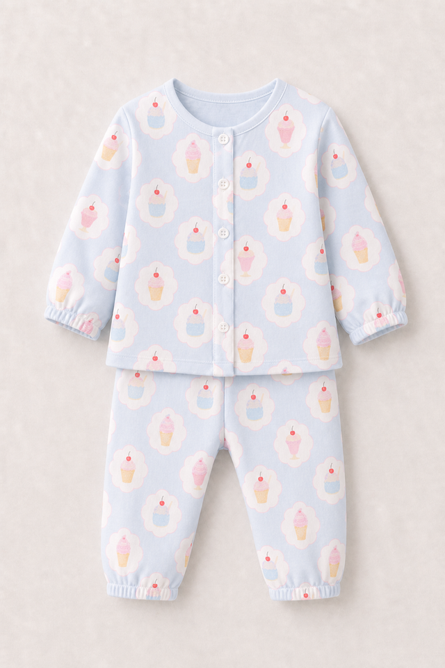 Baby wearing Anaario Cupcakes and Icecream organic mulmul cotton set, newborn to 24 months