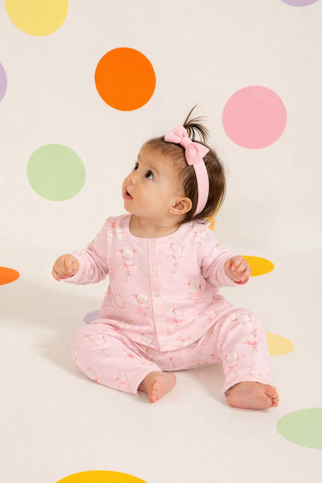 Baby wearing Anaario Dancing Bunny organic mulmul cotton Blossom Breeze set, newborn to 24 months