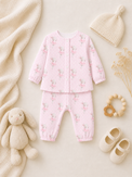 Baby wearing Anaario Dancing Bunny organic mulmul cotton Blossom Breeze set, newborn to 24 months