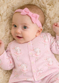 Baby wearing Anaario Dancing Bunny organic mulmul cotton Blossom Breeze set, newborn to 24 months