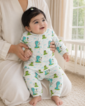 Baby wearing Anaario Dino-Kites organic mulmul cotton set, newborn to 24 months