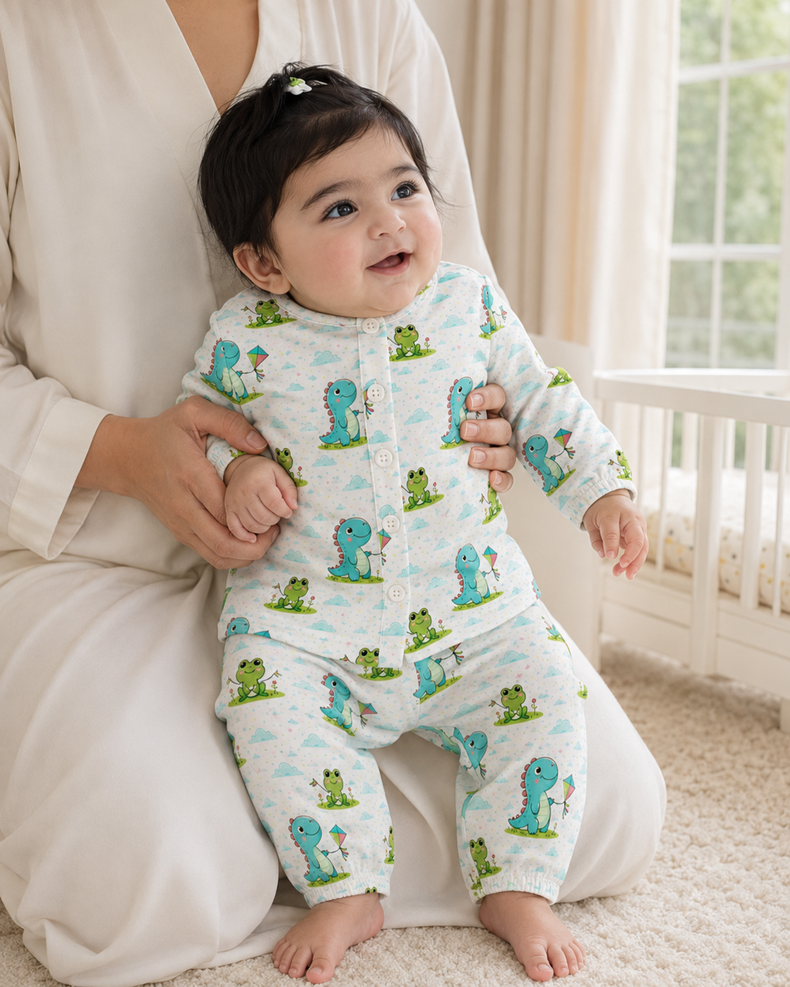 Baby wearing Anaario Dino-Kites organic mulmul cotton set, newborn to 24 months