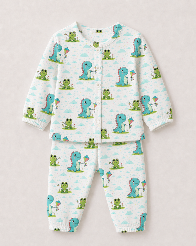 Baby wearing Anaario Dino-Kites organic mulmul cotton set, newborn to 24 months