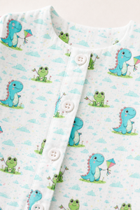 Baby wearing Anaario Dino-Kites organic mulmul cotton set, newborn to 24 months