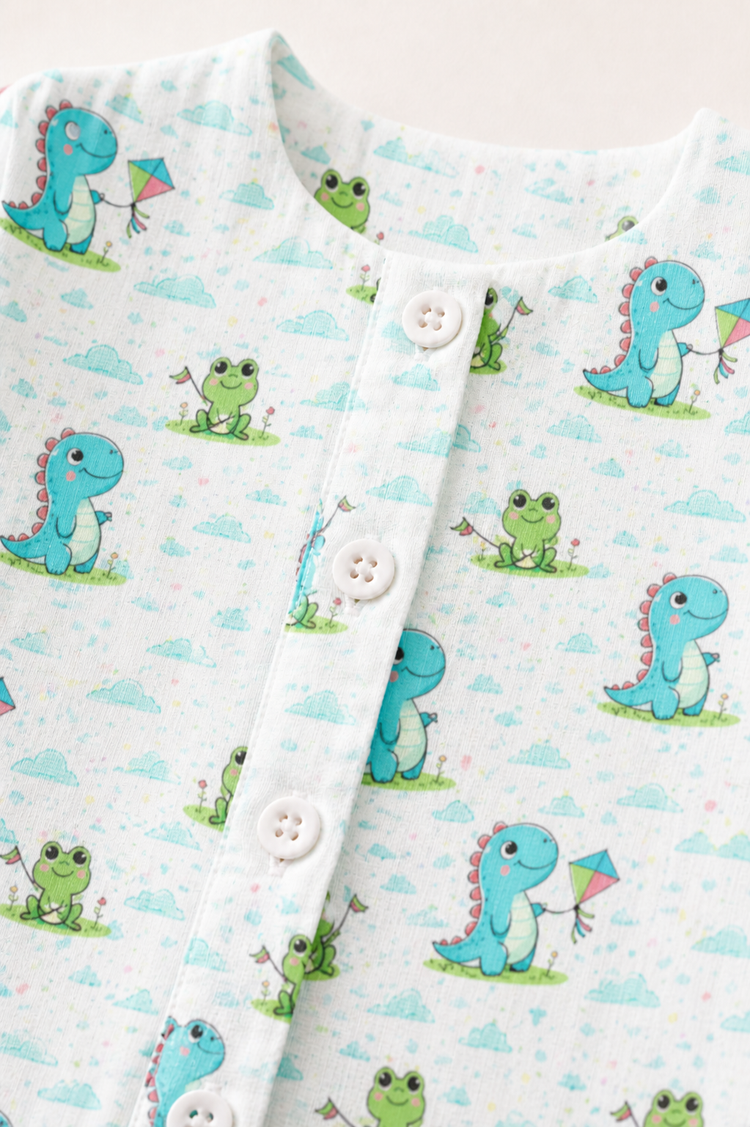 Baby wearing Anaario Dino-Kites organic mulmul cotton set, newborn to 24 months