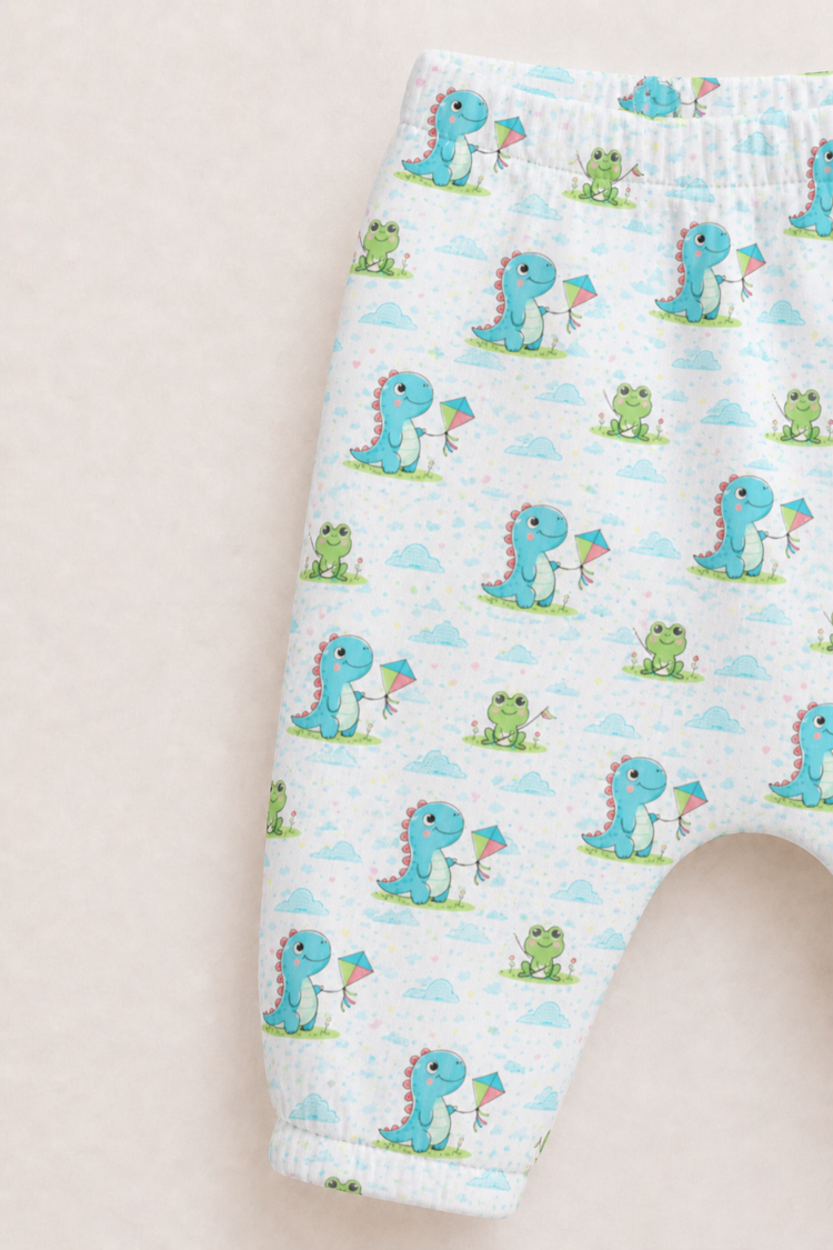 Baby wearing Anaario Dino-Kites organic mulmul cotton set, newborn to 24 months