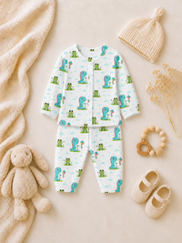 Baby wearing Anaario Dino-Kites organic mulmul cotton set, newborn to 24 months