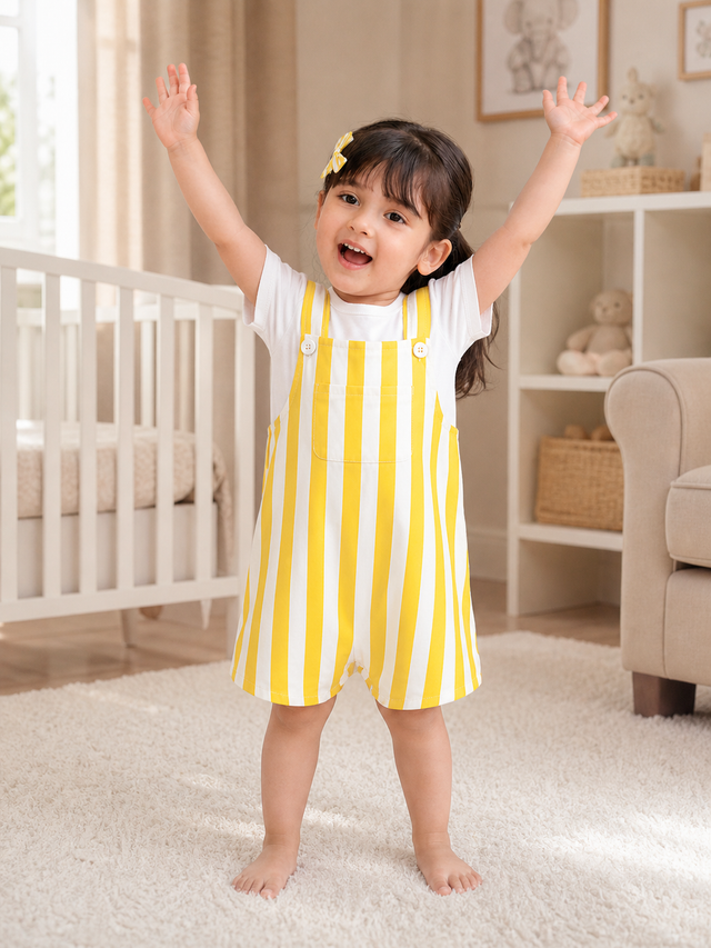 Baby wearing Anaario Yellow Stripe romper, yellow and white striped dungaree-style romper, newborn to 24 months