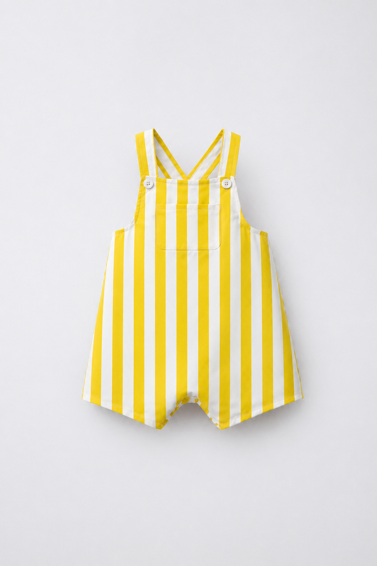 Baby wearing Anaario Yellow Stripe romper, yellow and white striped dungaree-style romper, newborn to 24 months