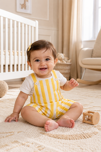 Baby wearing Anaario Yellow Stripe romper, yellow and white striped dungaree-style romper, newborn to 24 months