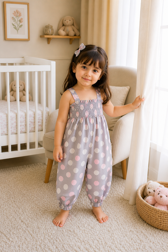 Baby wearing Anaario Blush Dot Smocked grey romper with pink and white polka dots, newborn to 24 months